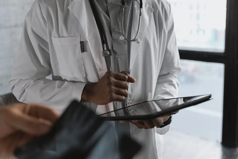 Web-admin from PS Dermatology and Surgery reviews an x-ray on a tablet, explaining what to expect during Mohs surgery to a patient in the office.