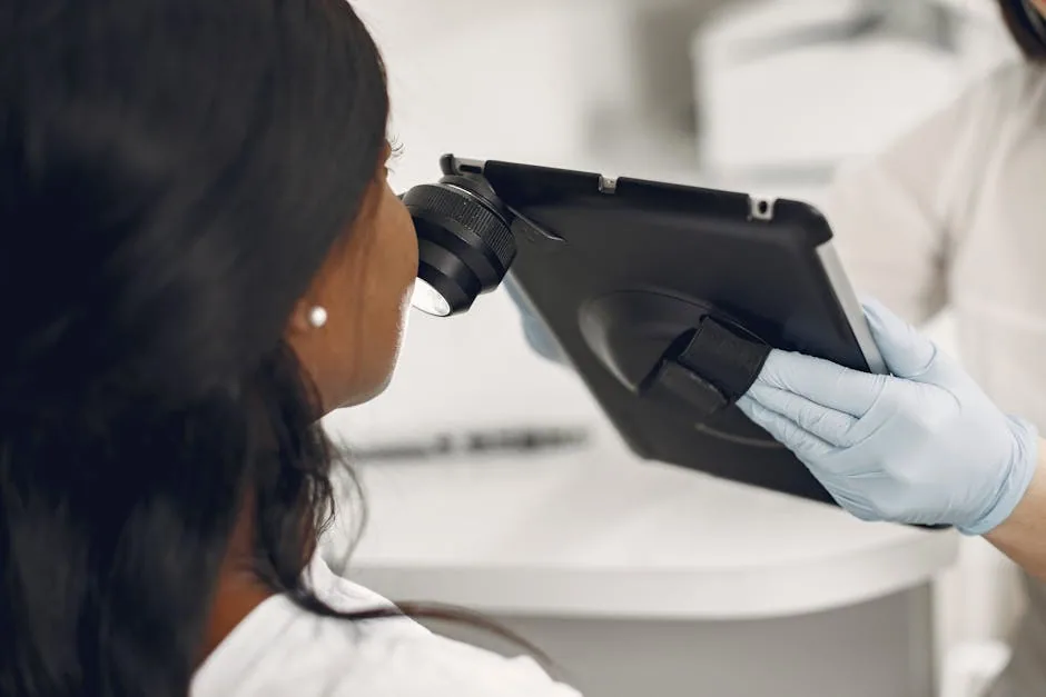 Web-admin from PS Dermatology and Surgery examines a patient with a dermatoscope during a skin cancer screening in Bridgewater, NJ. The practitioner wears blue gloves.